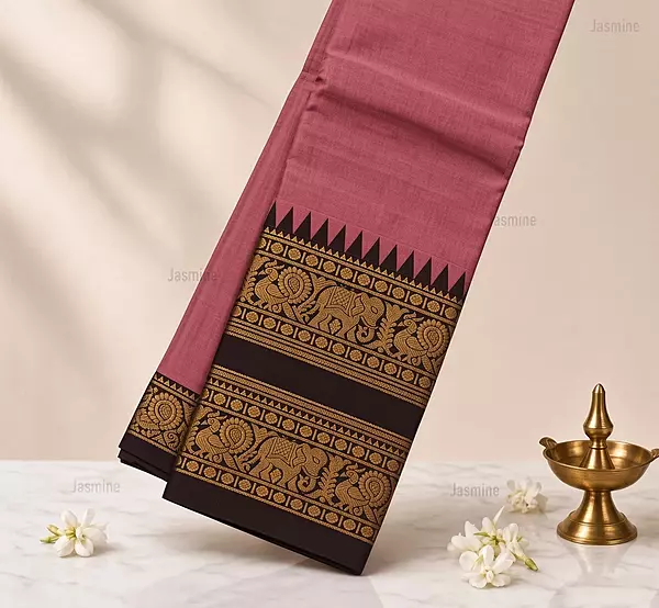 Dusty rose Narayanpet cotton saree with elephant and peacock motifs