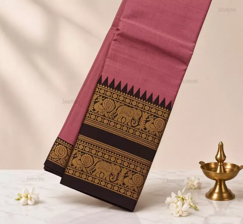 Dusty rose Narayanpet cotton saree with elephant and peacock motifs