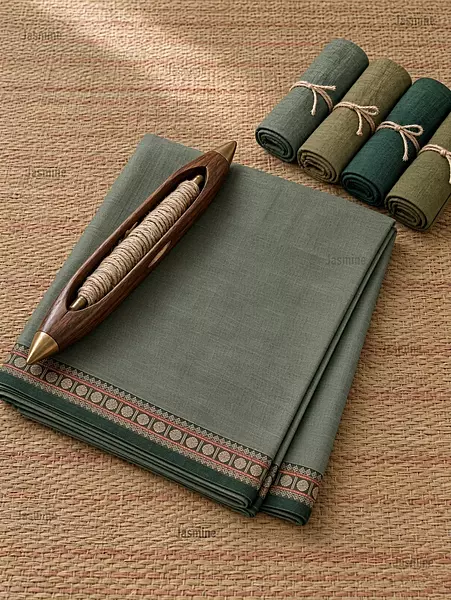 sage green Narayanpet cotton saree with green Rudraksha border
