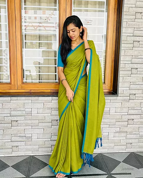 Olive green Mul Cotton saree with sky blue border