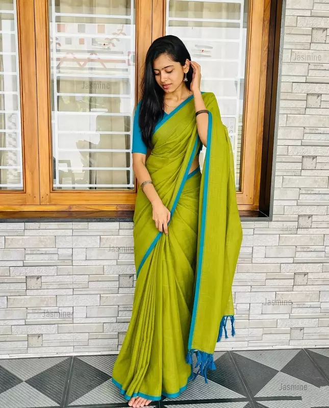 Olive green Mul Cotton saree with sky blue border