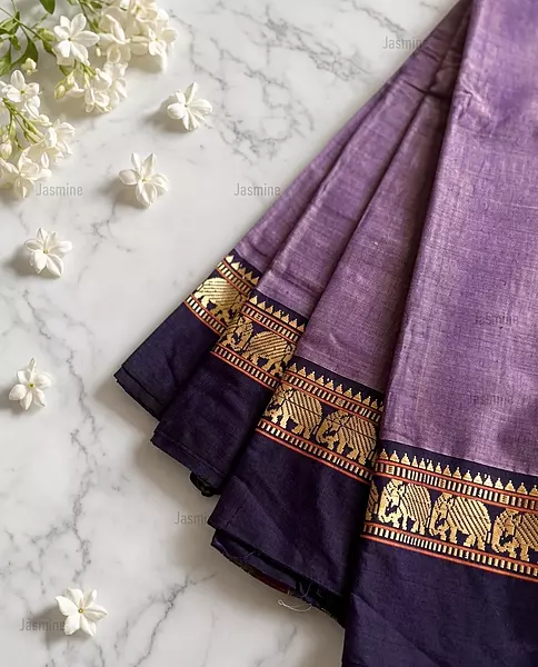 Dusty mauve mercerised cotton saree with traditional blue border