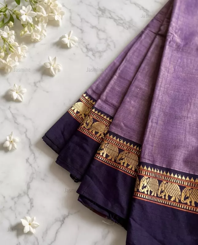 Dusty mauve mercerised cotton saree with traditional blue border