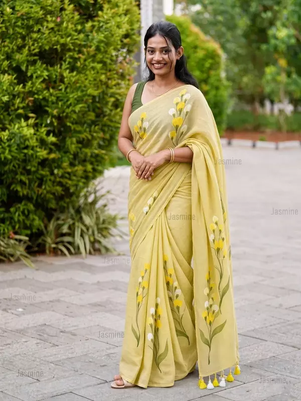 Floral print pastel yellow cotton saree for everyday and office wear