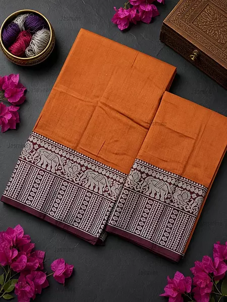 Light orange mercerised cotton saree with elephant peacock thread-woven border