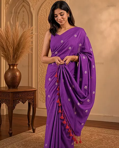 Royal Plum Khadi cotton saree with small thread-woven embroidery