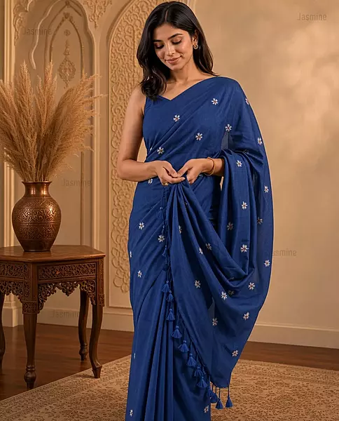 Aanchal - आँचल | Royal Blue Khadi Cotton Saree