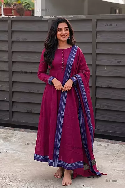 magenta Narayanpet cotton dress material with blue contrast border