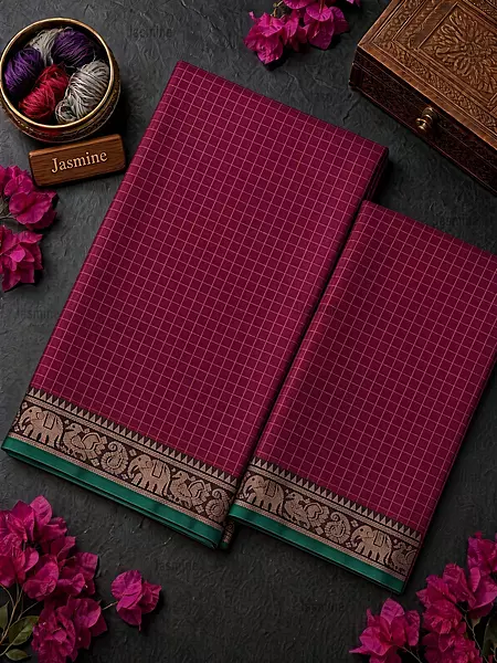 Checked magenta cotton saree with small green border
