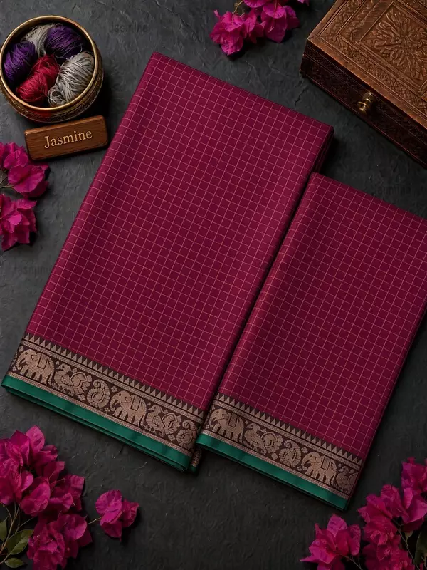 Checked magenta cotton saree with small green border