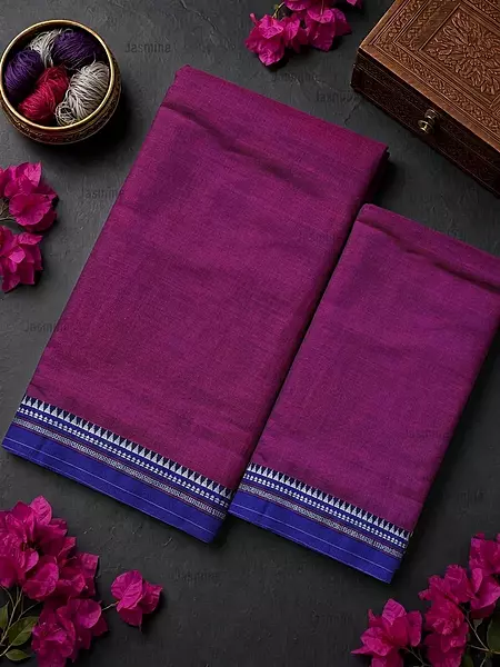 Plain magenta cotton dress material finished with a simple blue border