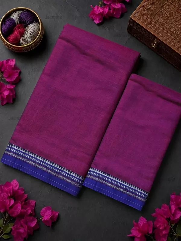 Plain magenta cotton dress material finished with a simple blue border