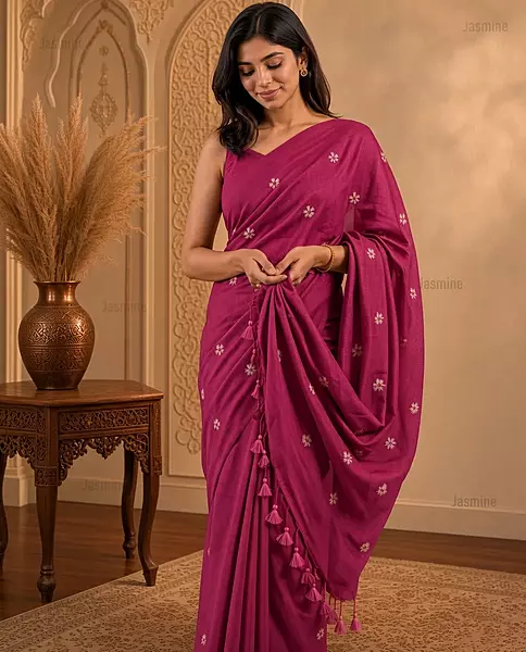 Magenta Khadi cotton saree with small woven embroidery