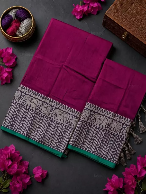 Narayanpet cotton salwar material in Magenta with elephant woven border