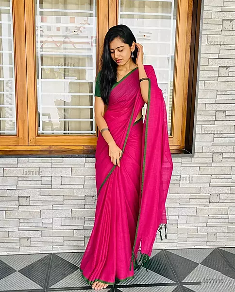 Magenta Mul Cotton saree with green border