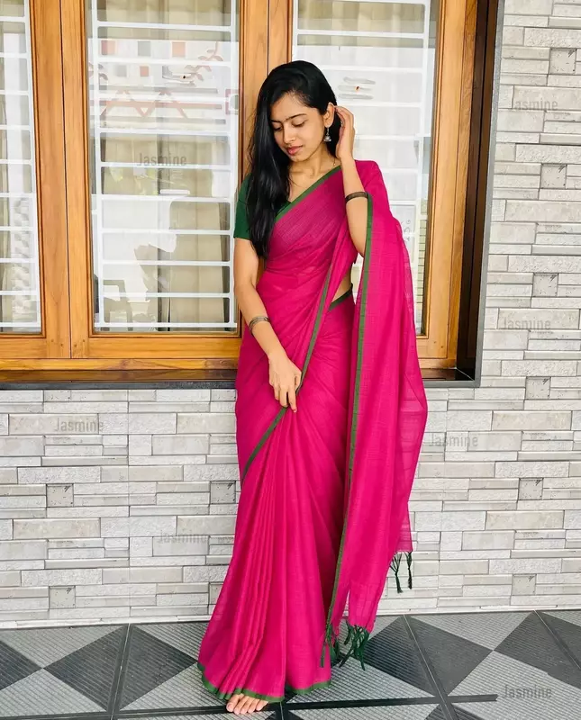 Magenta Mul Cotton saree with green border