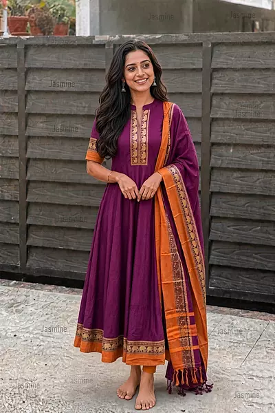 Magenta Narayanpet salwar material with mustard yellow elephant thread-woven border