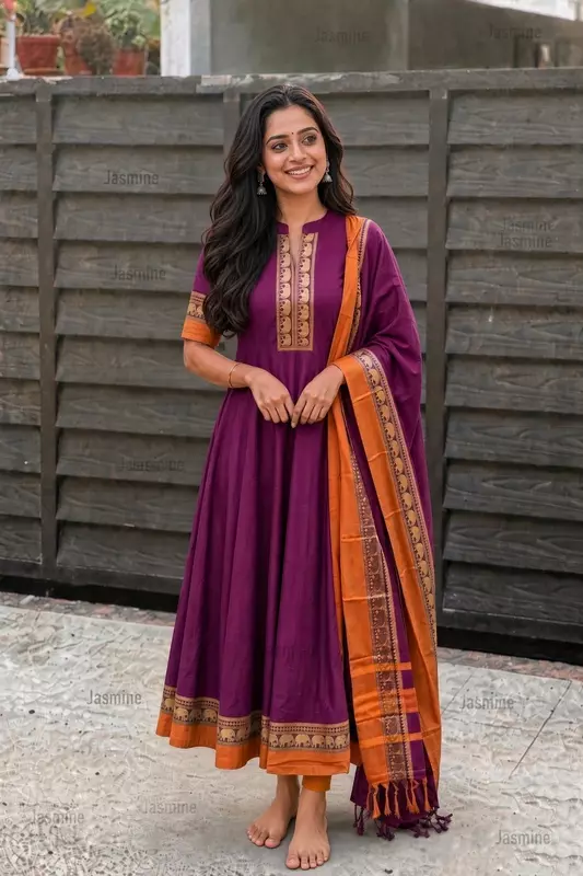 Magenta Narayanpet salwar material with mustard yellow elephant thread-woven border