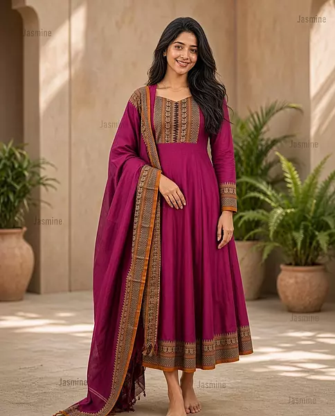 Mercerised cotton dress material showing magenta fabric with a neat mustard peacock border