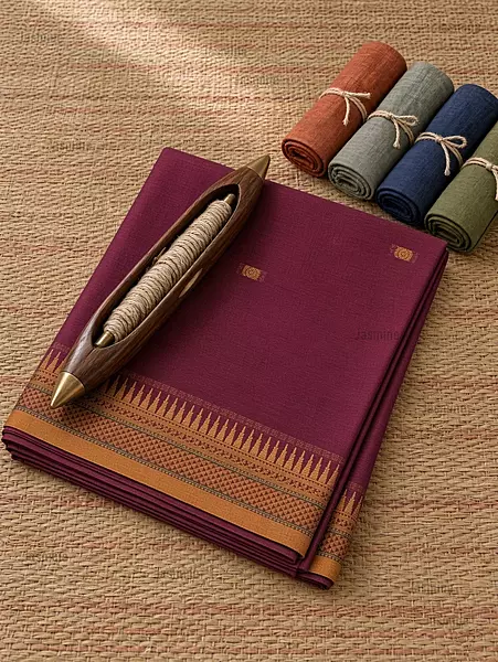 Magenta Narayanpet cotton saree with small butta motifs and mustard border