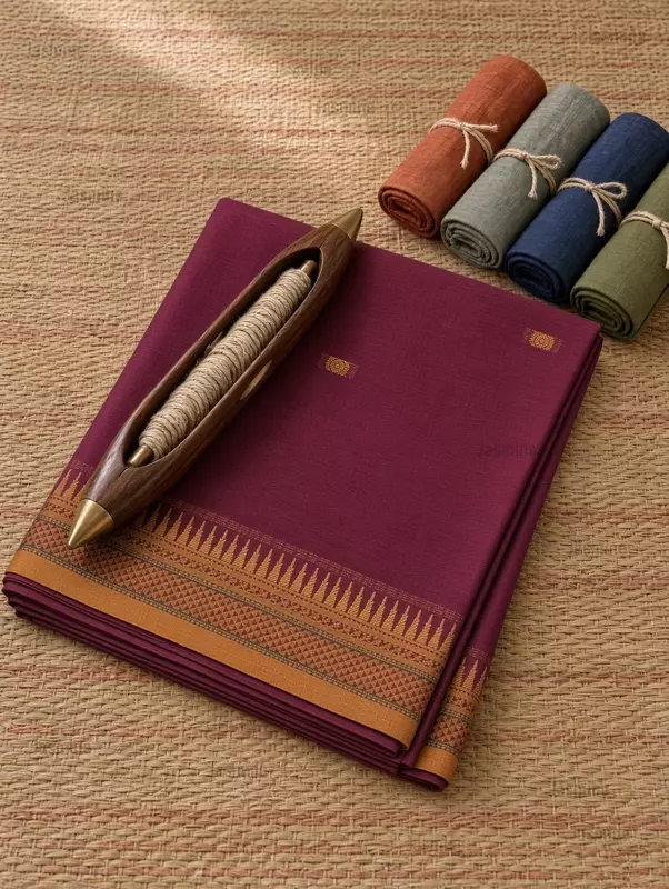 Magenta Narayanpet cotton saree with small butta motifs and mustard border