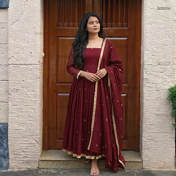 maroon Narayanpet Cotton Anarkali Suit Set with woven buttas