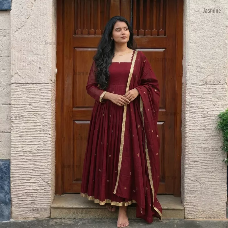 maroon Narayanpet Cotton Anarkali Suit Set with woven buttas