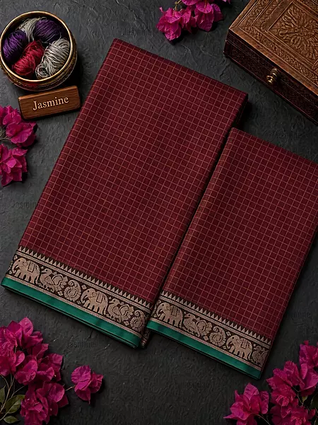 maroon checked Narayanpet cotton saree with green border