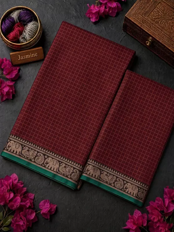 maroon checked Narayanpet cotton saree with green border