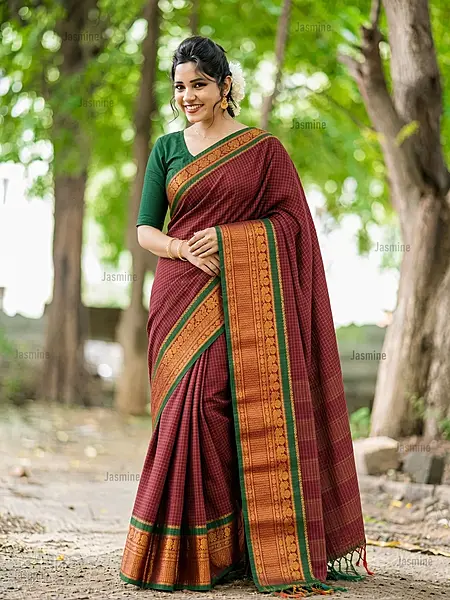 Maroon Narayanpet Cotton Checks Saree