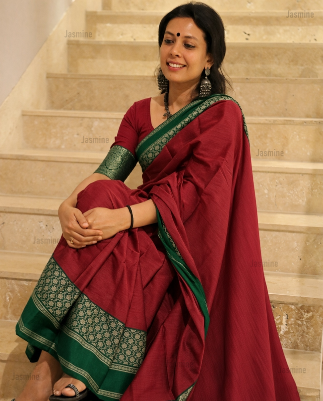 Mercerised cotton Narayanpet saree with a soft shining finish and green floral border design