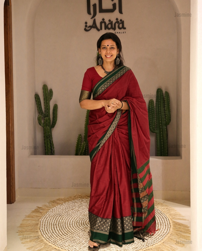 maroon Narayanpet Cotton Saree with contrasting green floral border
