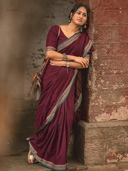 Maroon Narayanpet cotton saree with small green border