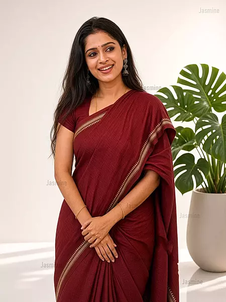 maroon Narayanpet Cotton Saree with simple self border