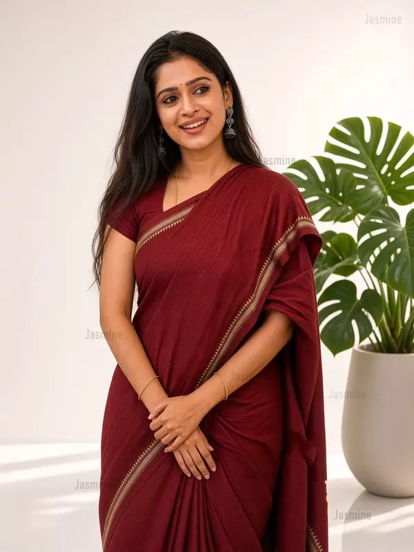 maroon Narayanpet Cotton Saree with simple self border