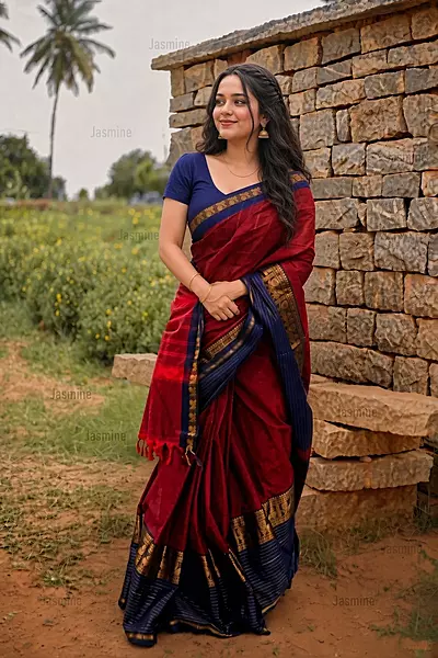 Maroon mercerised cotton saree with peacock zari border