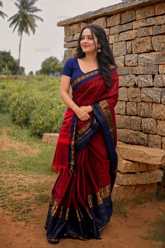 Maroon mercerised cotton saree with peacock zari border