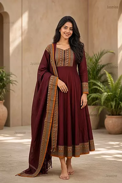 Mercerised cotton dress material with soft maroon fabric and detailed mustard peacock border