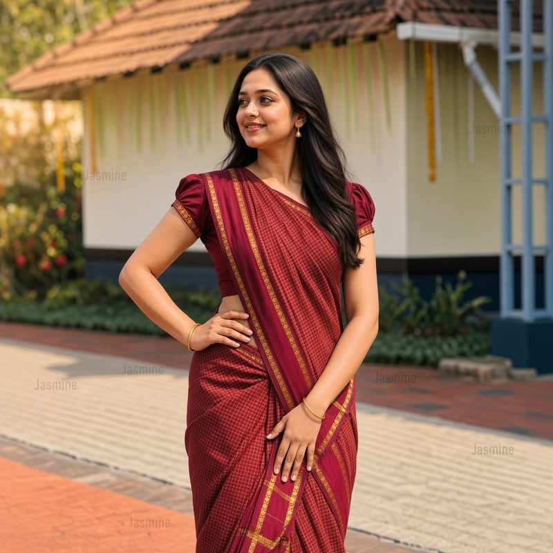 Maroon Gadwal cotton silk saree with checked body and striped pallu