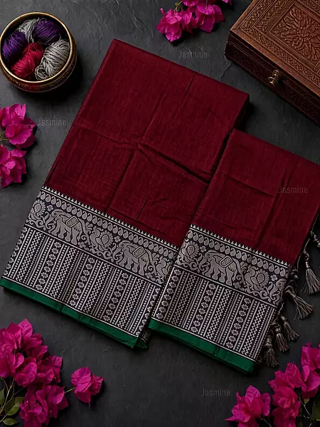 Maroon Narayanpet dress material with traditional elephant design border and dupatta