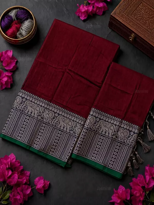 Maroon Narayanpet dress material with traditional elephant design border and dupatta