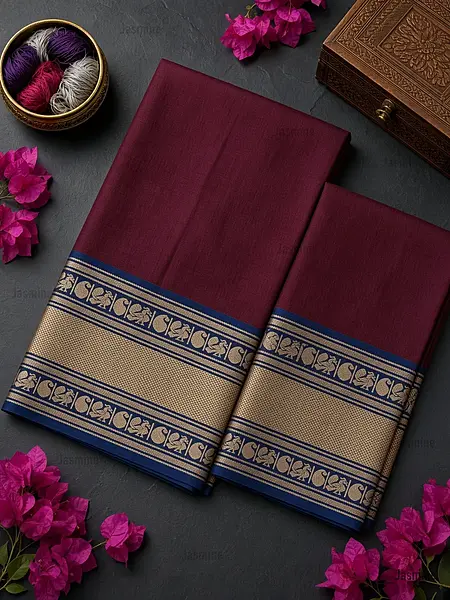 maroon Narayanpet Cotton Saree with blue peacock and mango zari border