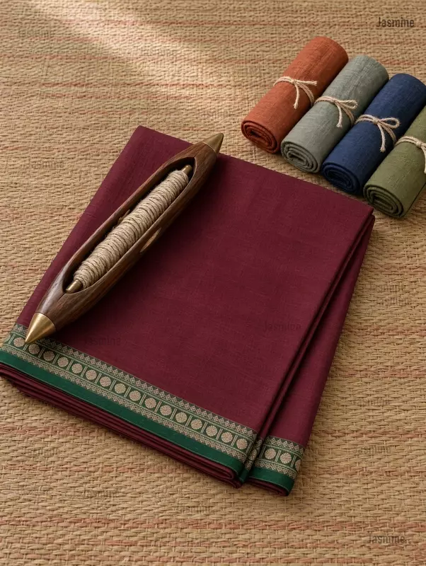 maroon Narayanpet cotton saree with green Rudraksha border