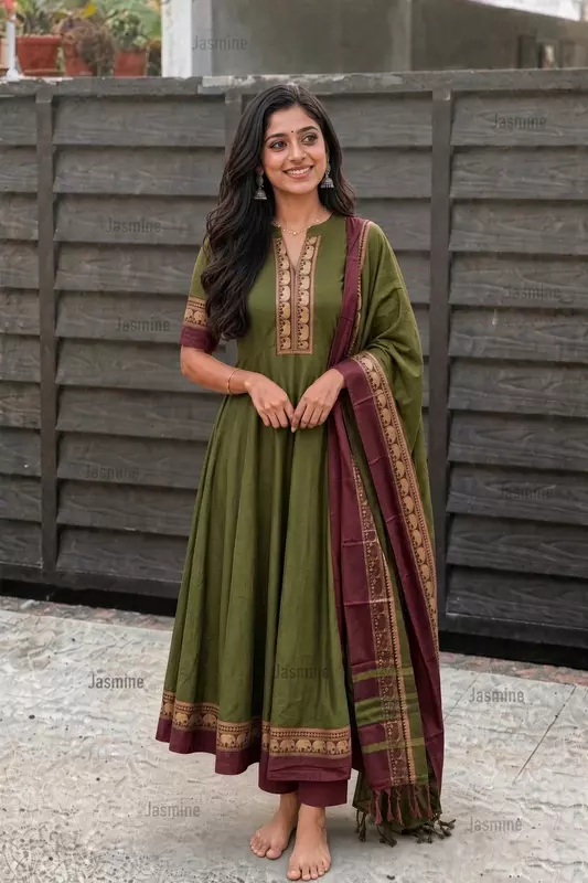Deep olive dual-shade Narayanpet salwar material with brown border