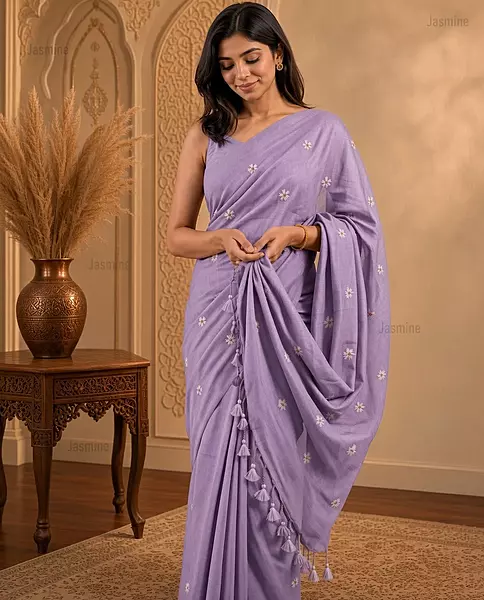 Dusky Lavender Khadi cotton saree with small woven embroidery