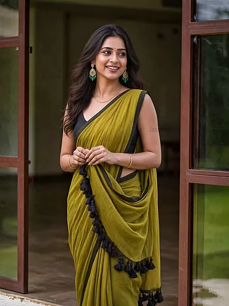 mehndi Mul Cotton saree with simple thin border