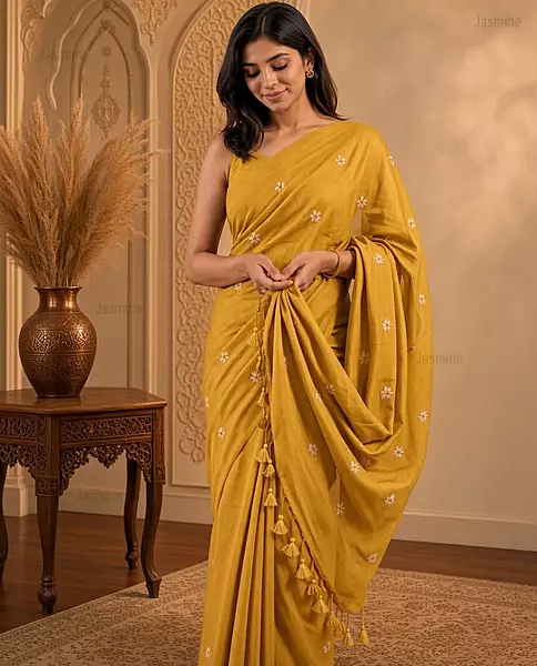 Golden Mustard Khadi cotton saree with small woven embroidery