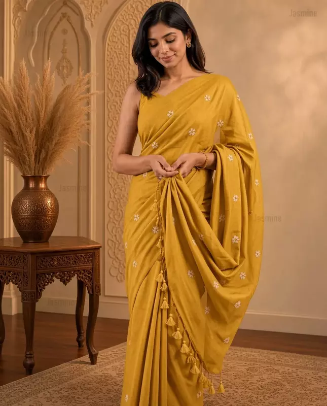 Golden Mustard Khadi cotton saree with small woven embroidery