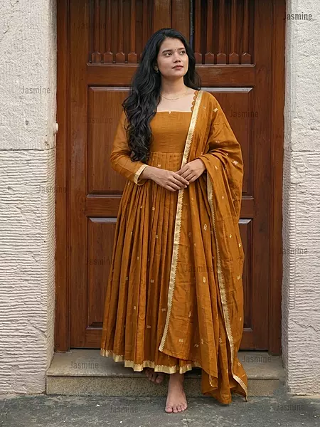 mustard Narayanpet Cotton Anarkali Suit Set with woven buttas