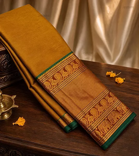 Mustard cotton saree with large green zari woven traditional border